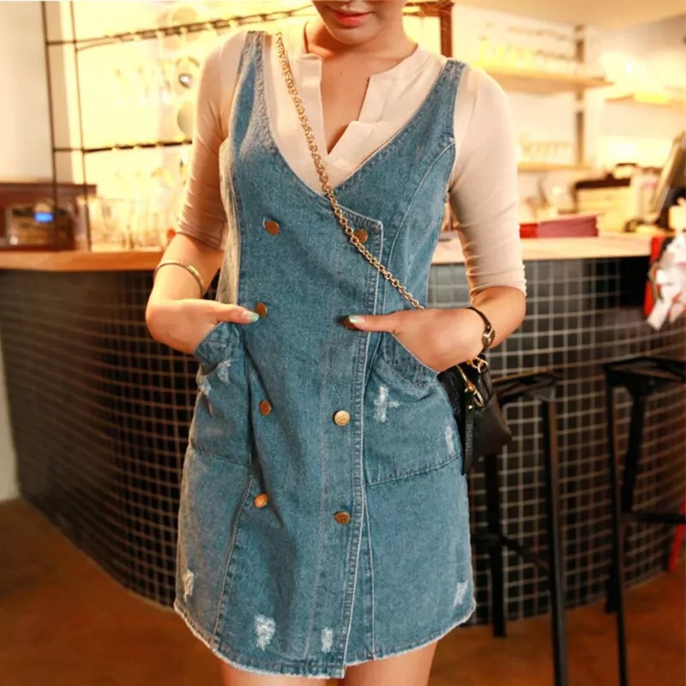Denim dress pocket button tank vneck sexy chic women’s - Picture 4 of 12